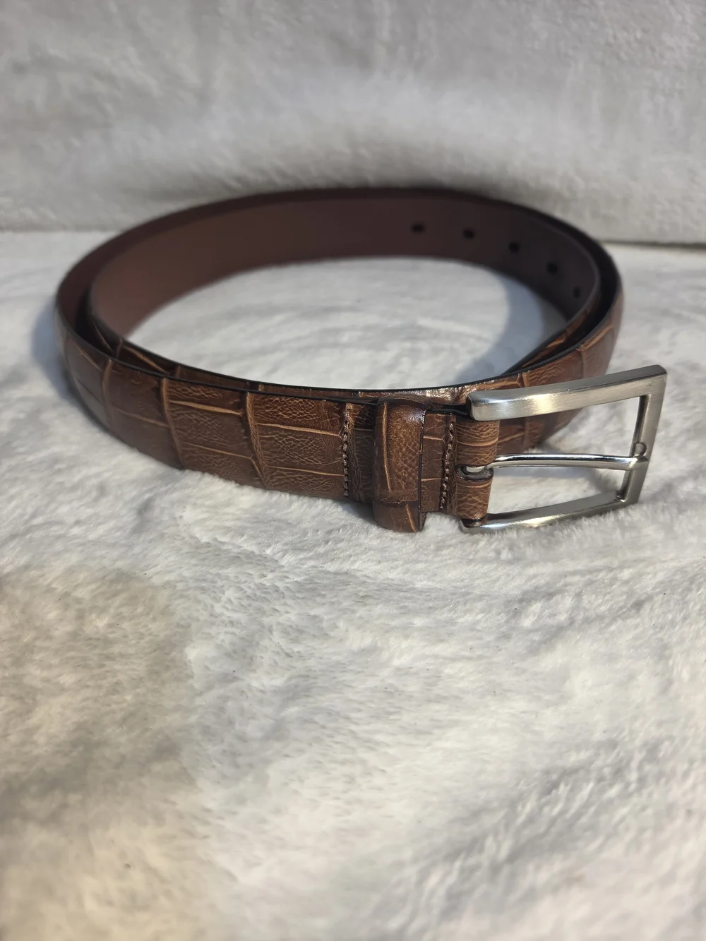 Croc-Embossed Brown Italian Calfskin Leather Men’s Belt with Silver Buckle